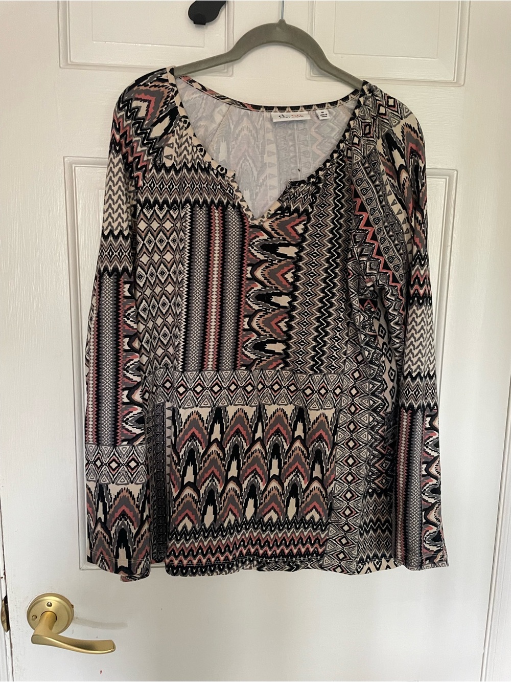 Denim & Co. Bohemian tan black and pink patterned Long-Sleeve V-Neck Top